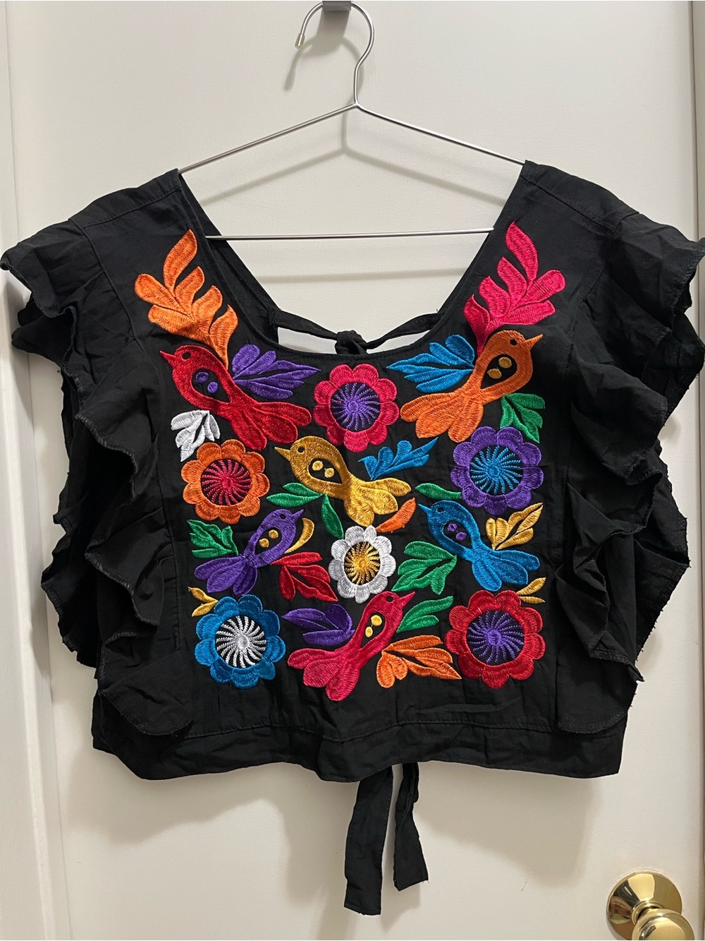 Handmade embroidered black top blouse Mexico women's crop top open back